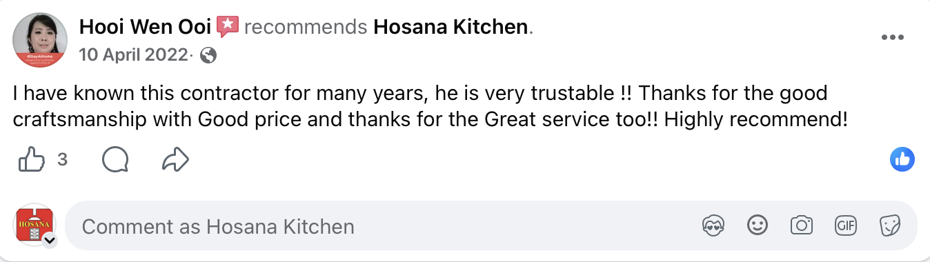 Hosana Kitchen customer Facebook review