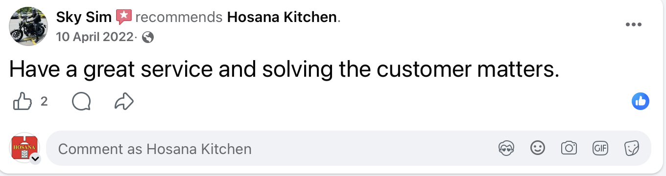 Hosana Kitchen customer Facebook review