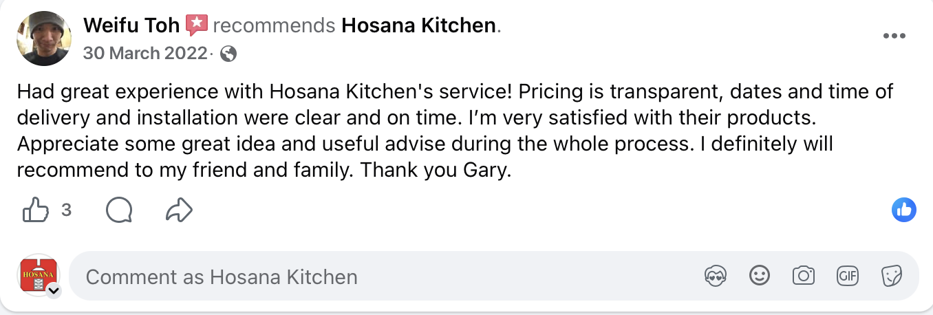 Hosana Kitchen customer Facebook review