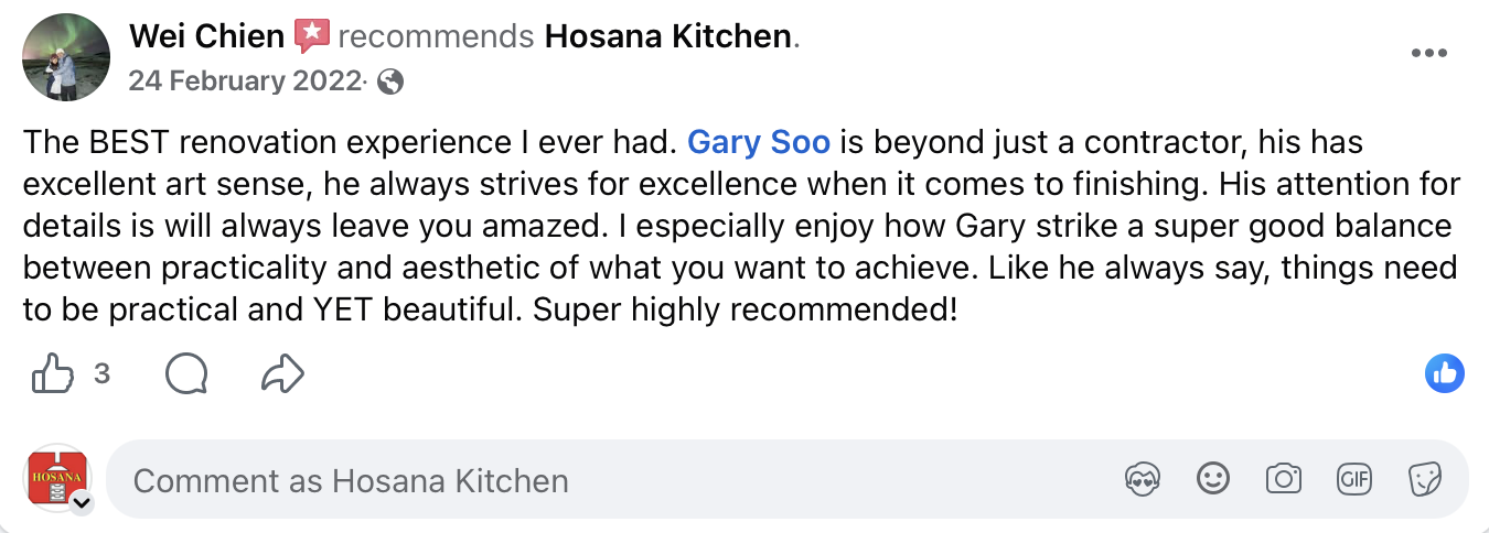 Hosana Kitchen customer Facebook review